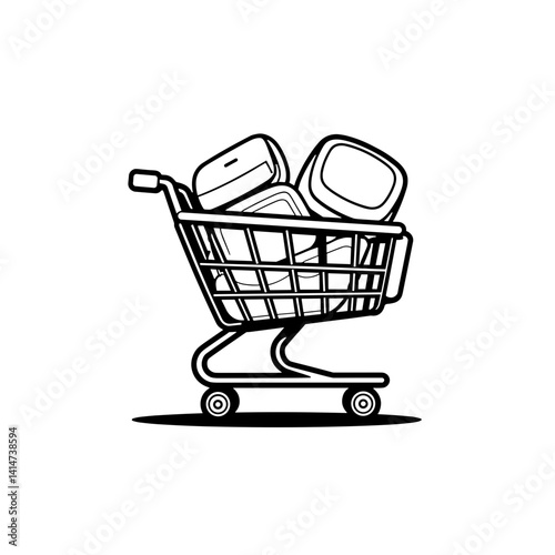 Detailed line art of VR shopping cart with digital products, modern concept
