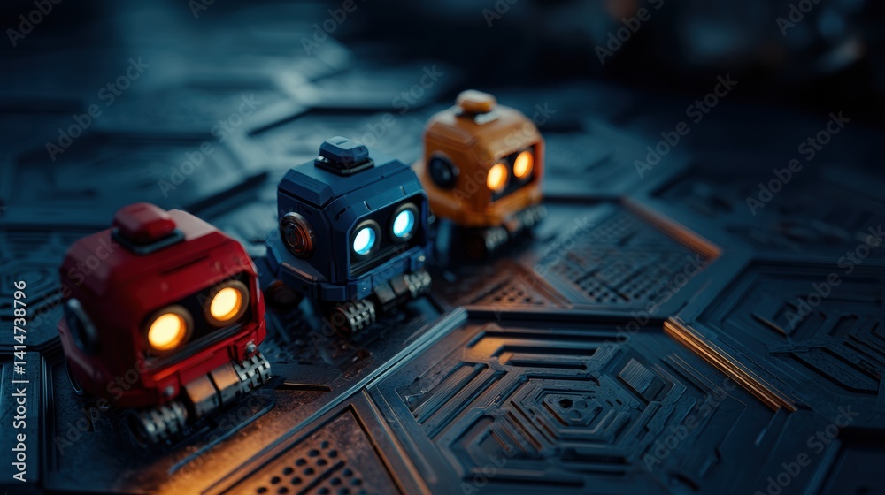 Vibrant robot heads on a textured hexagonal surface