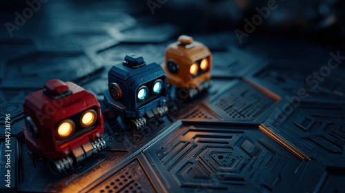 Obraz na płótnie Vibrant robot heads on a textured hexagonal surface w salonie