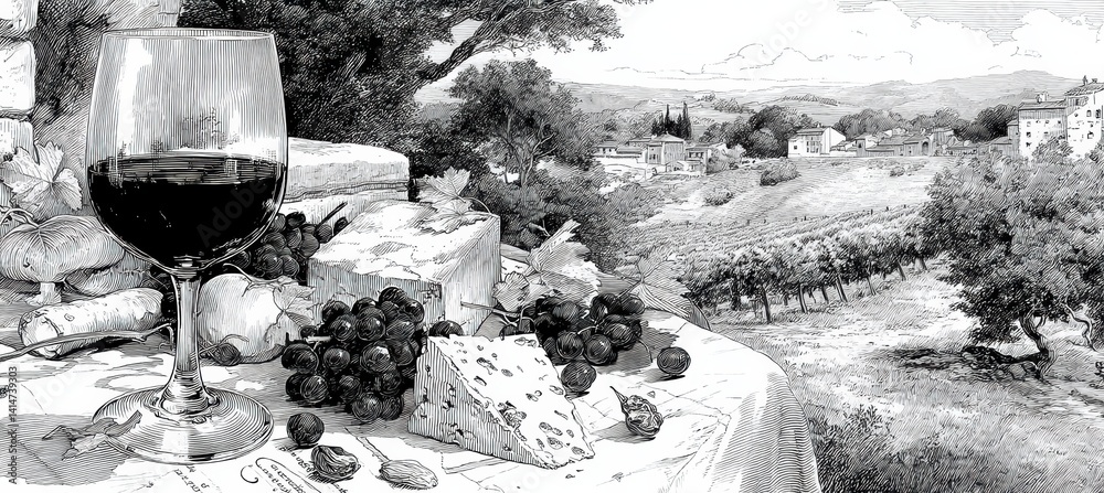 Black and white illustration of red wine and cheese in vineyard setting