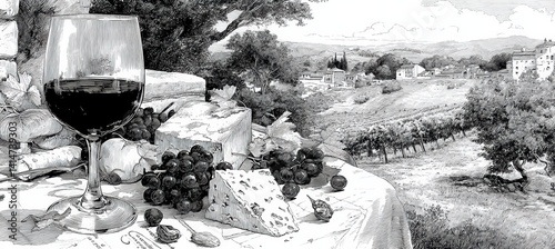 Obraz na płótnie Black and white illustration of red wine and cheese in vineyard setting w salonie