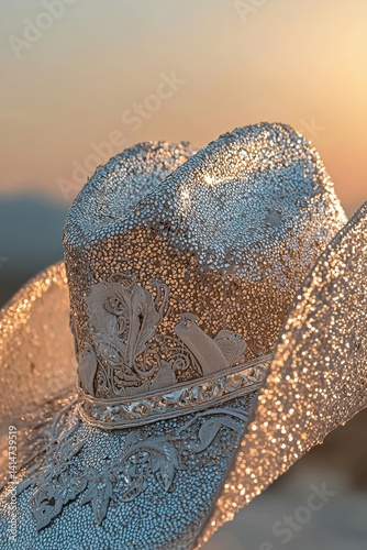 Obraz na płótnie Mexican charro hat showcasing intricate silver embroidery at sunset w salonie