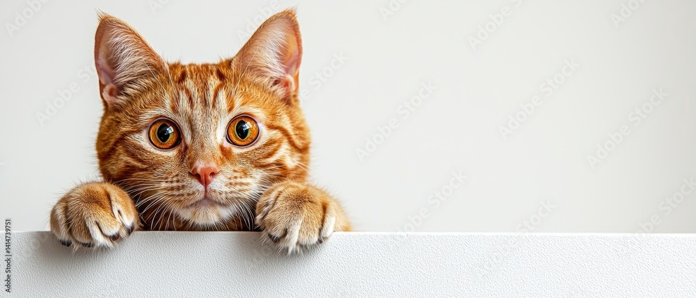 Orange tabby cat peeking over white surface with amber eyes in fall
