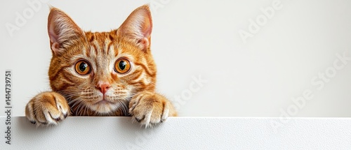 Obraz na płótnie Orange tabby cat peeking over white surface with amber eyes in fall w salonie