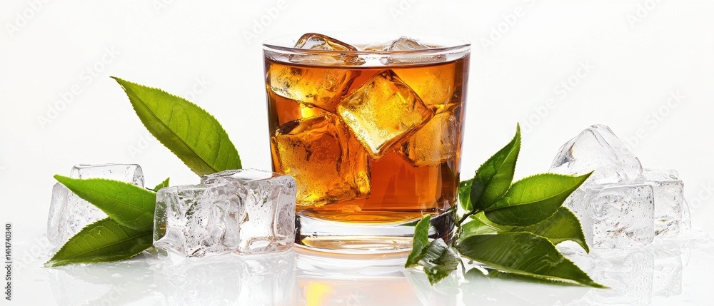 Amber iced tea with ice cubes on white surface in summer setting