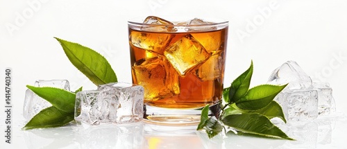 Obraz na płótnie Amber iced tea with ice cubes on white surface in summer setting w salonie