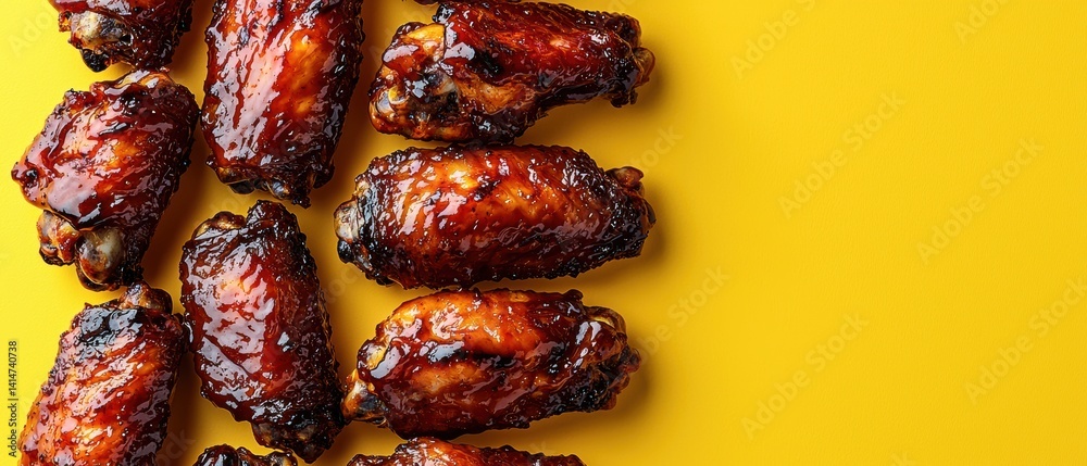 Caramelized barbecue chicken wings lined up on vibrant yellow backdrop