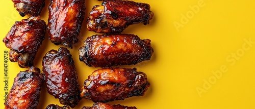 Obraz na płótnie Caramelized barbecue chicken wings lined up on vibrant yellow backdrop w salonie