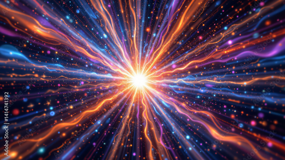 Fototapeta premium A vibrant tapestry of cosmic light, where streams of energized particles collide and interact, generating a dazzling spectacle