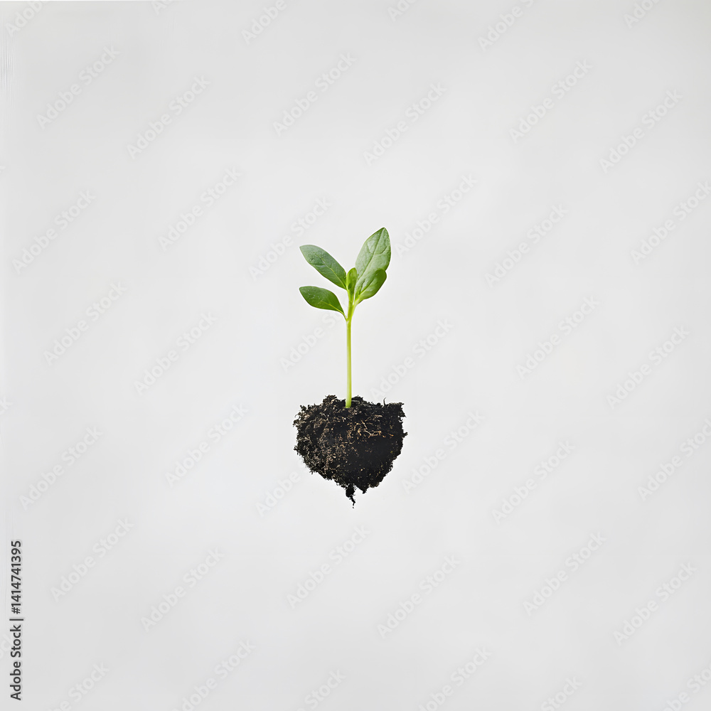Single leafy green sprout growing from soil, isolated in minimalist floating position against white background, captured to express natural growth, renewal, and organic life from earth.