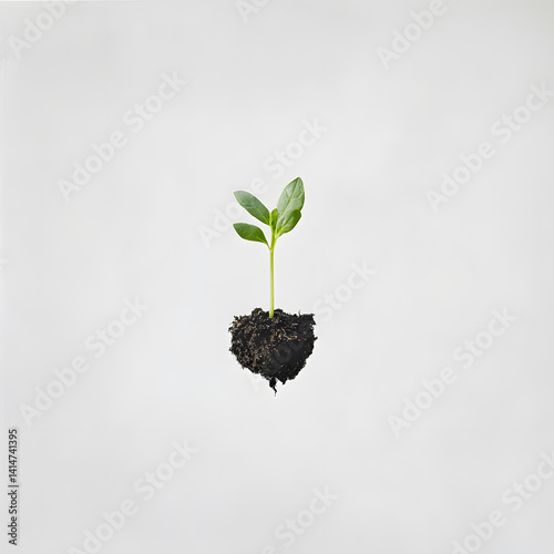 Single leafy green sprout growing from soil, isolated in minimalist floating position against white background, captured to express natural growth, renewal, and organic life from earth.