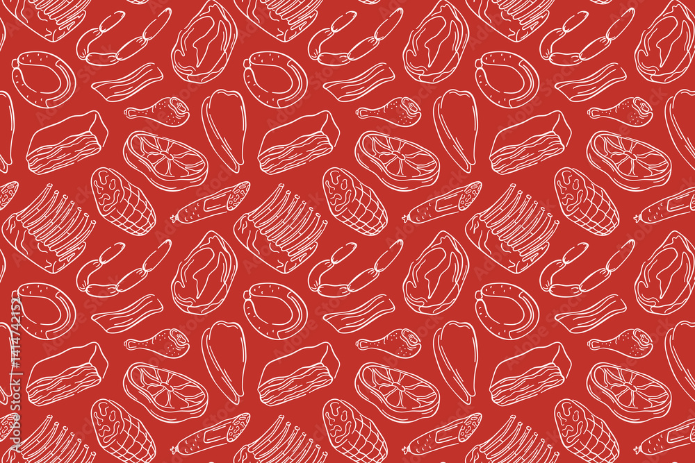 Seamless pattern with line art style meat cut, sausage, ribs, ham, bacon and drumsticks on red background. Ideal for butcher shop, food packaging or culinary theme design.