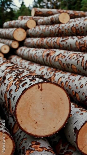 Stacked timber logs in forest: sustainable forestry, lumber production, and natural resources