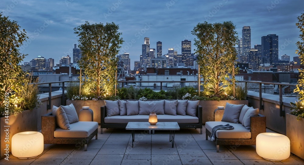 Stylish rooftop terrace with cozy seating and city skyline at dusk for relaxation