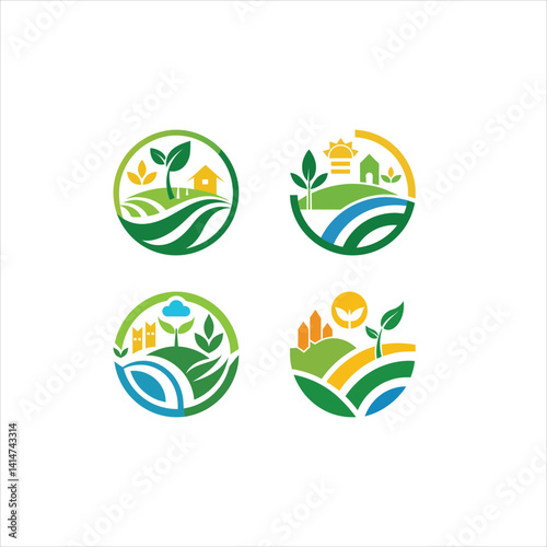 Four circular nature logos featuring farms fields plants and buildings in green