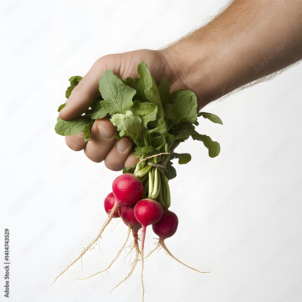 farmer hand holds freshly harvested radishes with roots hanging freely, captured on white background to highlight farm freshness, rural lifestyle, and organic homegrown food at its source.