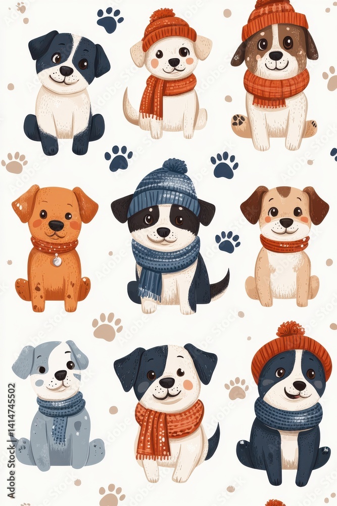 Obraz premium Seamless pattern of cute dogs in winter clothing with paw illustrations
