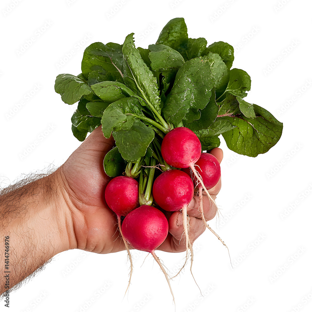 farmer hand holds freshly harvested radishes with roots hanging freely, captured on white background to highlight farm freshness, rural lifestyle, and organic homegrown food at its source.