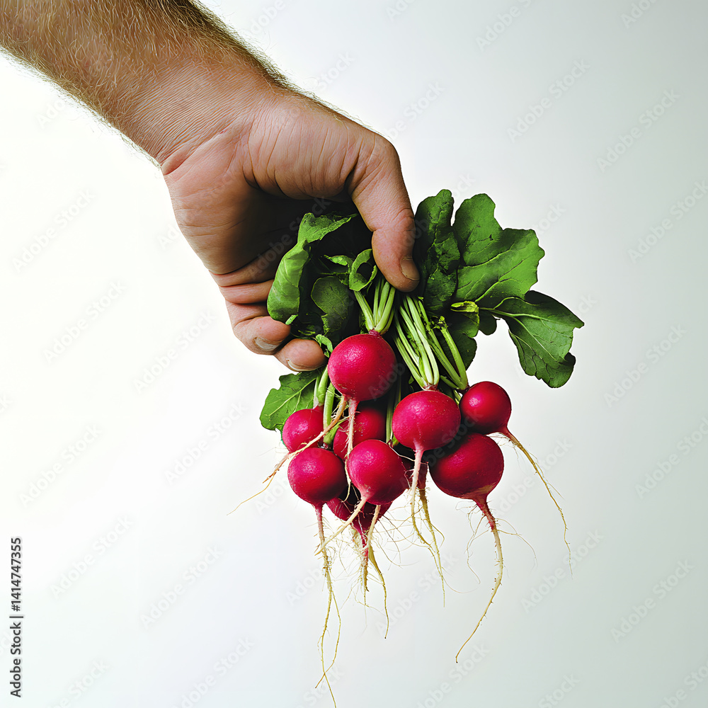 farmer hand holds freshly harvested radishes with roots hanging freely, captured on white background to highlight farm freshness, rural lifestyle, and organic homegrown food at its source.