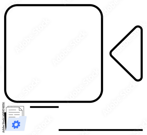 Camera icon with rectangular frame, files, and settings gear to signify video creation, media organization, and controls. Ideal for media, technology, creativity, workflow productivity tutorials