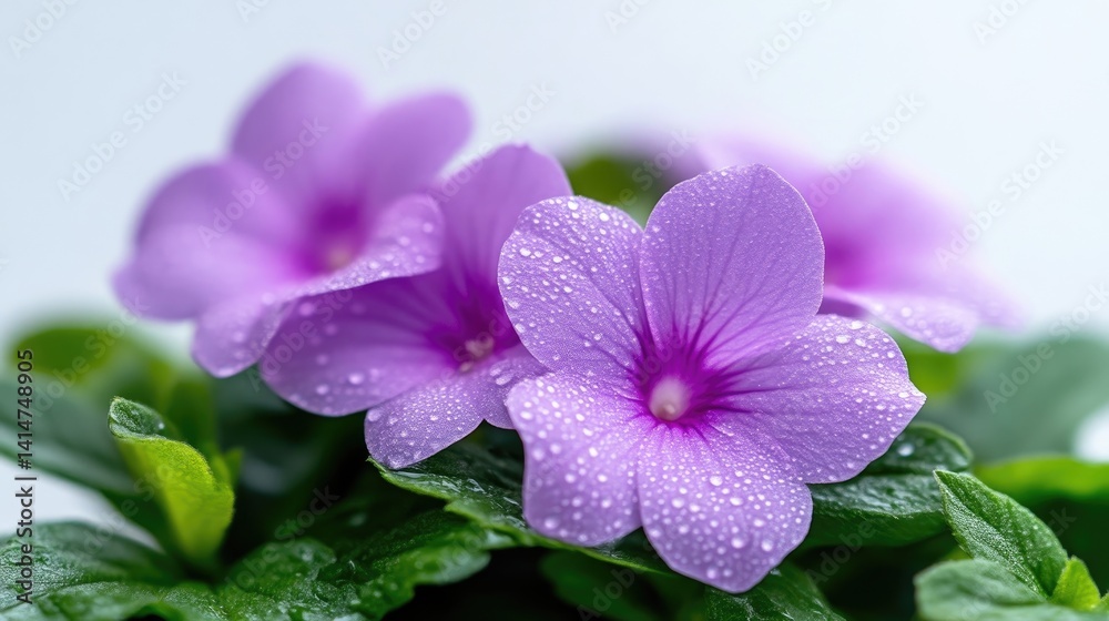 Obraz premium Close-up of three delicate, light purple flowers with water droplets, vibrant green foliage