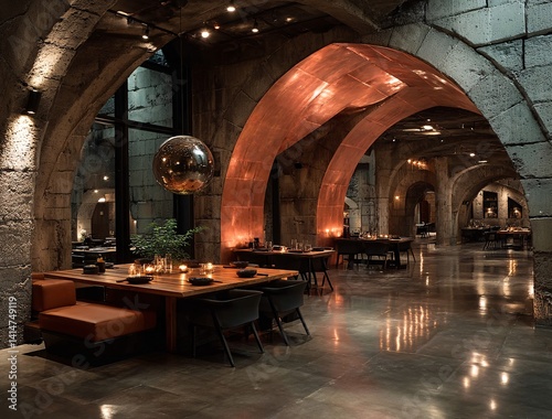 Elegant Modern Restaurant Interior with Arched Architecture and Lighting