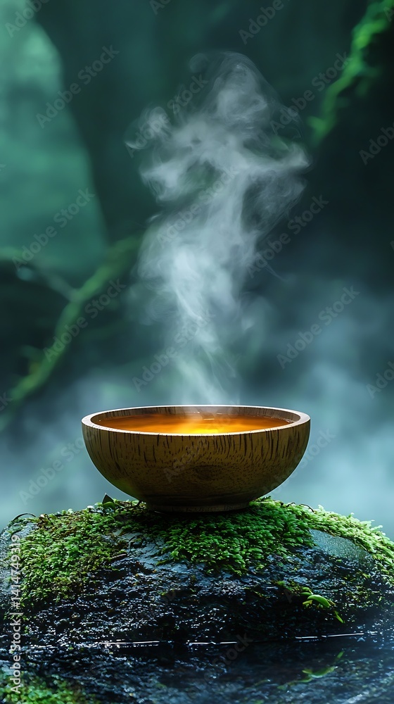Steaming bowl of warmth atop mossy stone in a misty forest Steaming bowl of warmth atop mossy stone in a misty forest