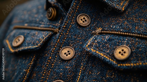 Close-up of Eco-Friendly Buttons and Zipper on a Stylish Blue Tweed Fabric Jacket, Emphasizing Sustainable Fashion and Detailed Te