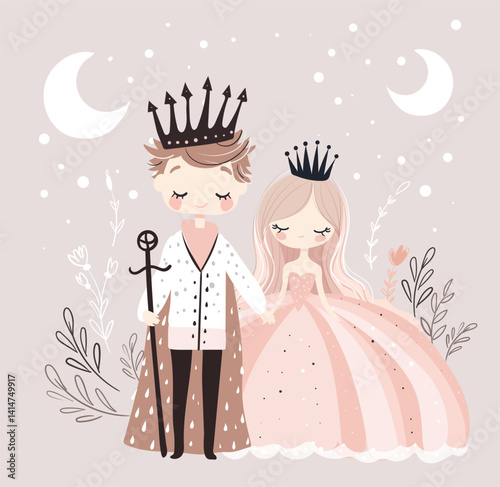 Cute prince and princess holding hands, boy and girl in love, wedding card, Valentine's Day, fairy tale characters. Flat cartoon illustration.