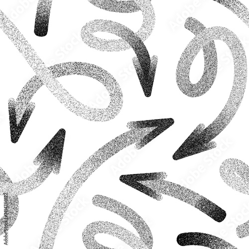 Seamless pattern of chaotic arrangement of textured black arrows pointing in various directions on a white background.