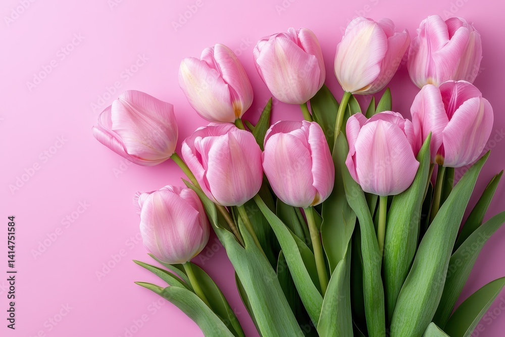 Flowers On Pink. Beautiful Bouquet of Pink Tulips on Pastel Pink Background for Valentine's Day, Easter, Birthday Flowers On Pink. Beautiful Bouquet of Pink Tulips on Pastel Pink Background for Valentine's Day, Easter, Birthday