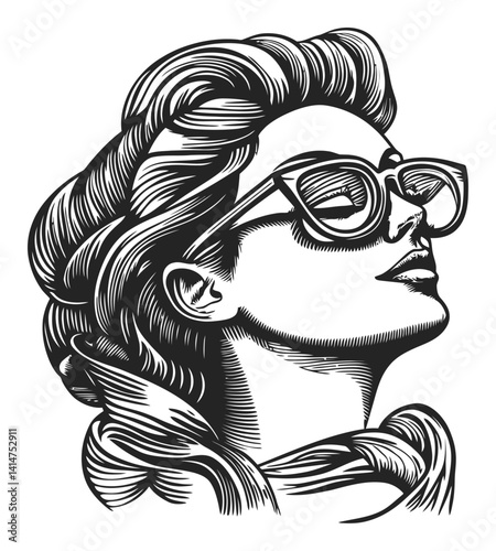 Elegant Vintage Portrait of Woman with Sunglasses in Woodcut Style