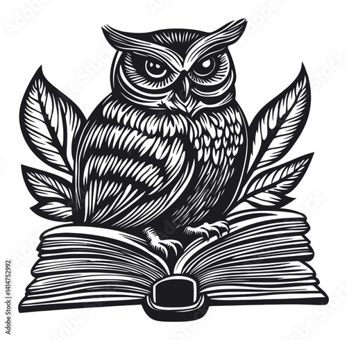 Detailed Woodcut Owl Perched on Open Book Surrounded by Leaves