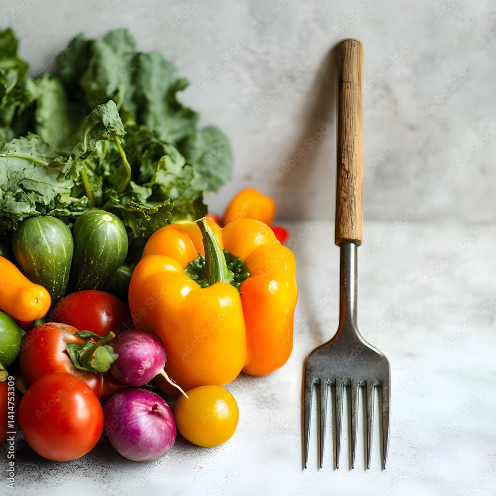 Gardening fork placed beside vibrant assortment of freshly harvested vegetables on white background, symbolizing seasonal work, farm-to-table living, and colorful organic abundance from garden.