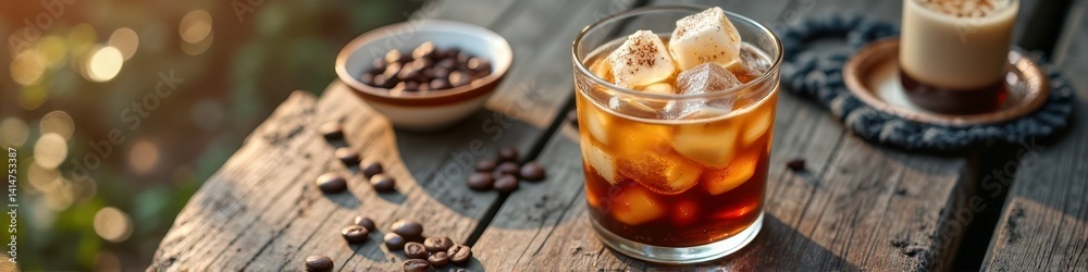 Refreshing iced coffee with ice cubes on rustic wooden table Refreshing iced coffee with ice cubes on rustic wooden table