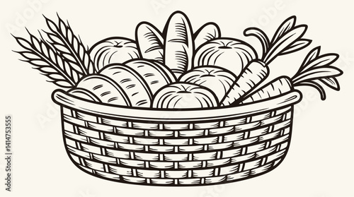 Hand Drawn Food Basket with Bread and Vegetables