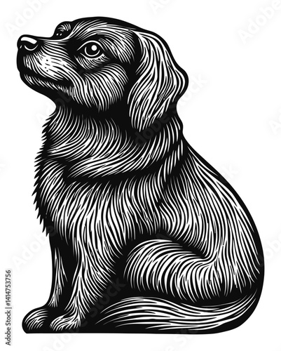 Detailed Woodcut Illustration of a Sitting Dog, Artistic Style