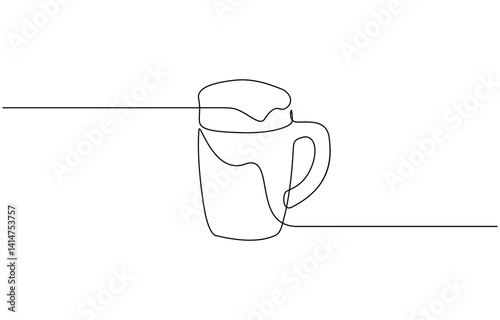 Continuous one line drawing of beer glass with foam. One line drawing illustration of alcoholic drink, Craft drink alcohol ale in simple line, Beer glasses with foam one line art.