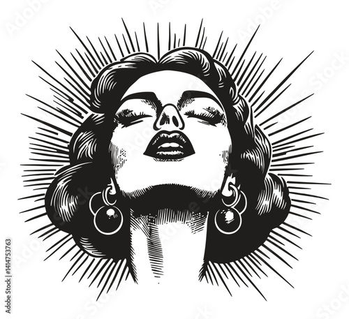 Vintage Woman Engraving with Radiating Lines and Elegant Features
