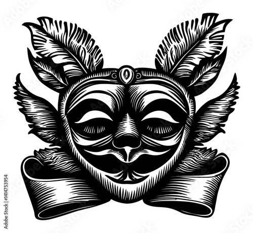 Ornate Engraved Mask with Feather Details and Scroll Banner