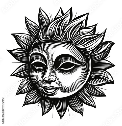 Artistic Woodcut Illustration of a Stylized Sun with Rays