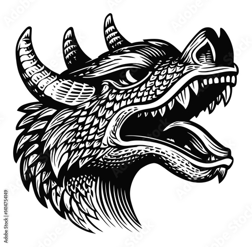 Intricate Black and White Engraving of a Ferocious Dragon's Head