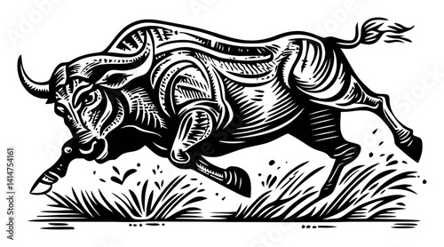 Running Bull Woodcut Illustration with Strong Lines and Movement
