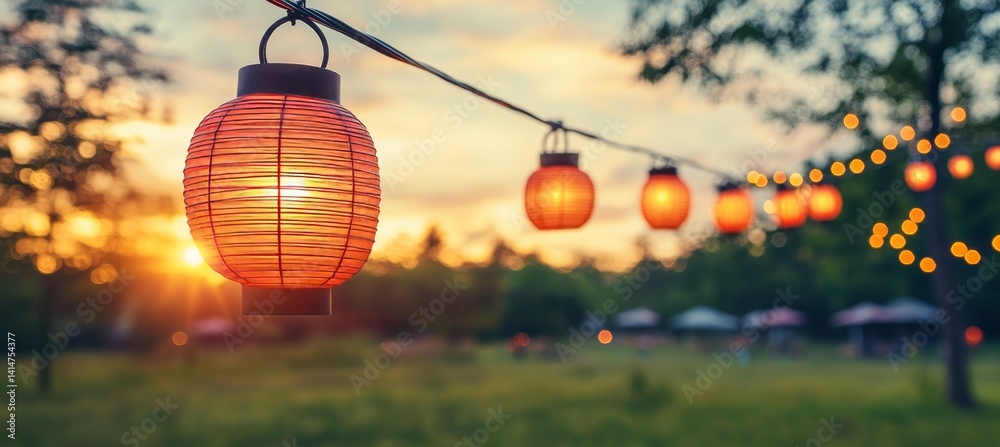 Obraz premium Golden Hour, Glowing Lanterns Outdoor Celebration Atmosphere with Blurred Bokeh Background