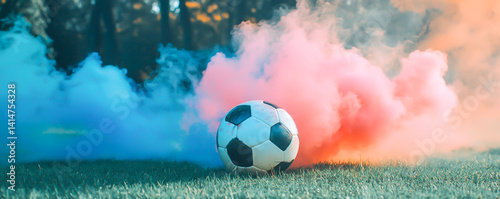 Soccer ball on the grass, with smoke and colorful powder