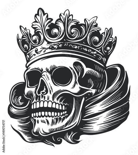 Detailed Vintage Skull with Crown and Decorative Swirls Design