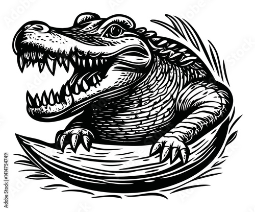 Detailed Engraving of a Fierce Alligator Emerging from Water