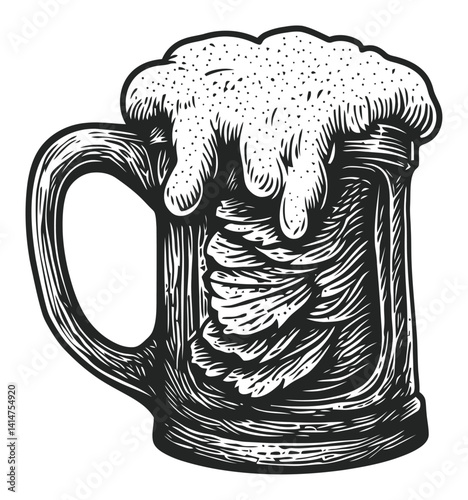 Vintage Engraving of a Beer Mug with Frothy Foam on Top