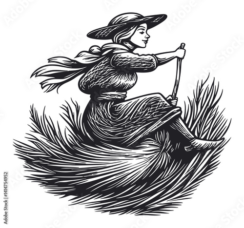 Woman Riding a Broomstick in a Vintage Woodcut Style Illustration