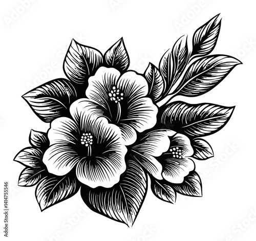 Intricate Floral Engraving of Hibiscus Blossoms and Green Leaves